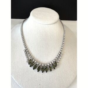 Vintage B David Green Navette Rhinestone Fringe Statement Necklace 16"